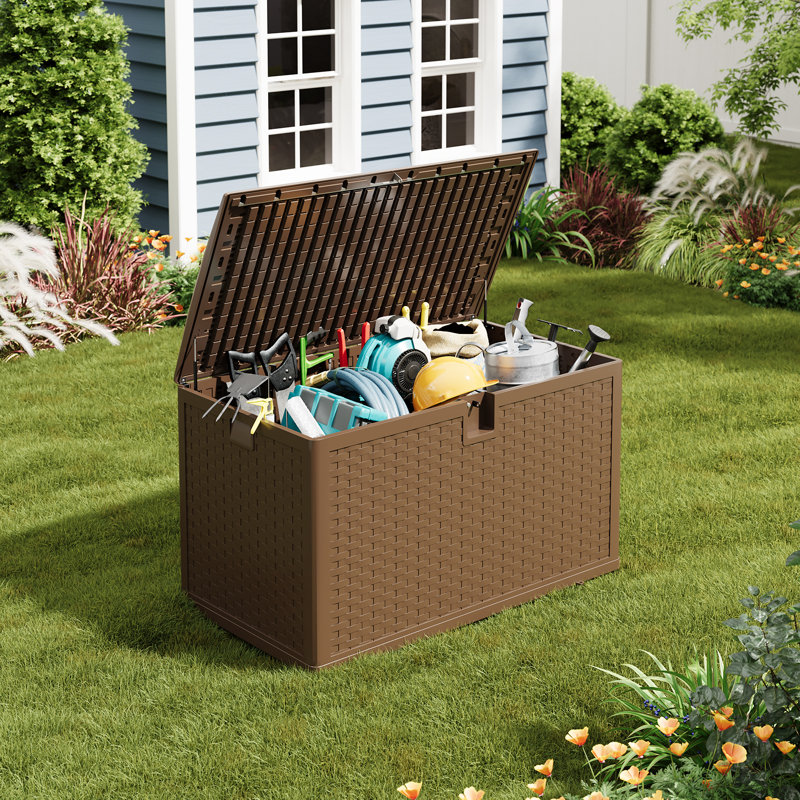 120 Gallon Large Resin Outdoor Storage Box, Weatherproof Lockable Deck Box with Hydraulic Rod, Patio Storage Bin for Cushions, Garden Tools & Pool Supplies, Brown