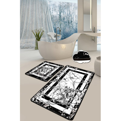 Ensemble de tapis de bain Premium (2 pièces), noir et blanc, 19,7 po x 23,6 po et 23,6 po x 39,4 po | 100% polyester, hauteur des poils de 0,4 po, antibactérien et antidérapant | Lavable à la machine, doux et durable pour le confort de la salle de bain