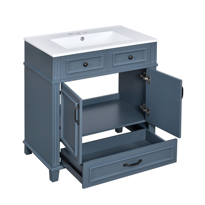 Meuble-lavabo de 30 po avec lavabo en céramique, armoire de rangement en bois massif avec portes à fermeture douce, style rétro, bleu