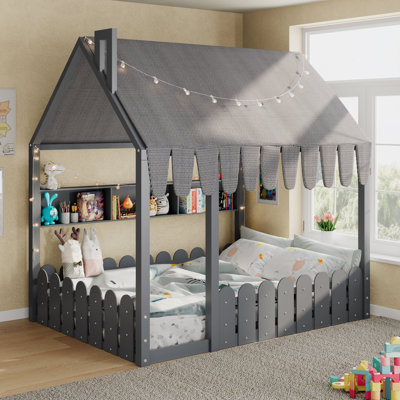 {Les lattes ne sont pas incluses} Lit double Montessori pour enfants, lit sur pied avec garde-corps, tente, lumières et 3 tablettes de rangement, gris