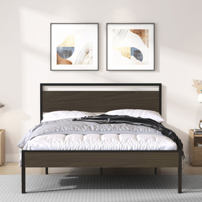 Ceres Modern Black Metal Bed with Walnut Wood Headboard and Footboard, Noise-Reducing Design