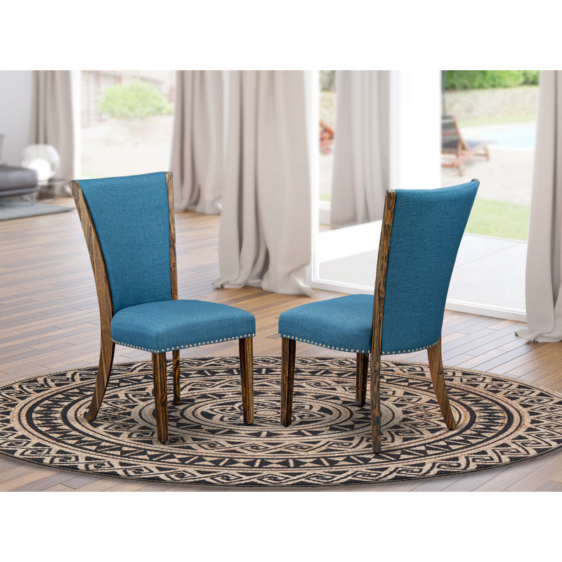 Verona Parson Kitchen Chairs - Nailhead Trim Blue Color Linen Fabric Upholstered Dining Chairs, Set of 2, Jacobean, Blue