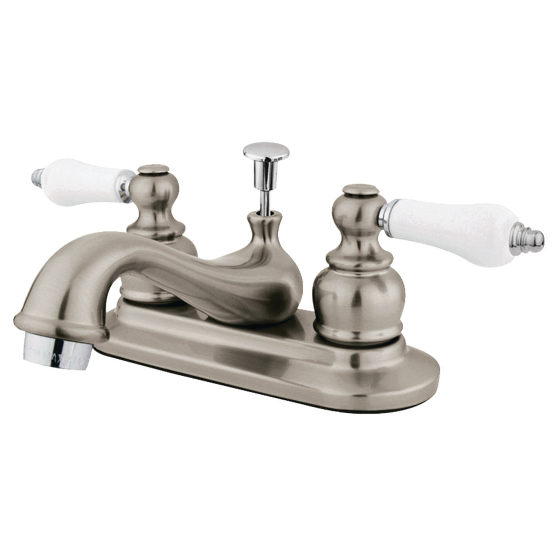 Kingston Brass Restoration Two-Handle 3-Hole Deck Mount 4" Centerset Bathroom Faucet with Plastic Pop-Up Kingston Brass 