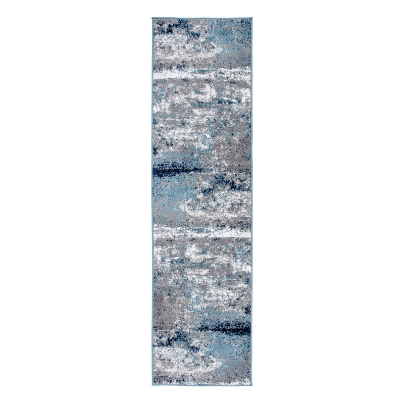 Willington Abstract Gray/Blue/White Rug, Runner 2'7" x 10'