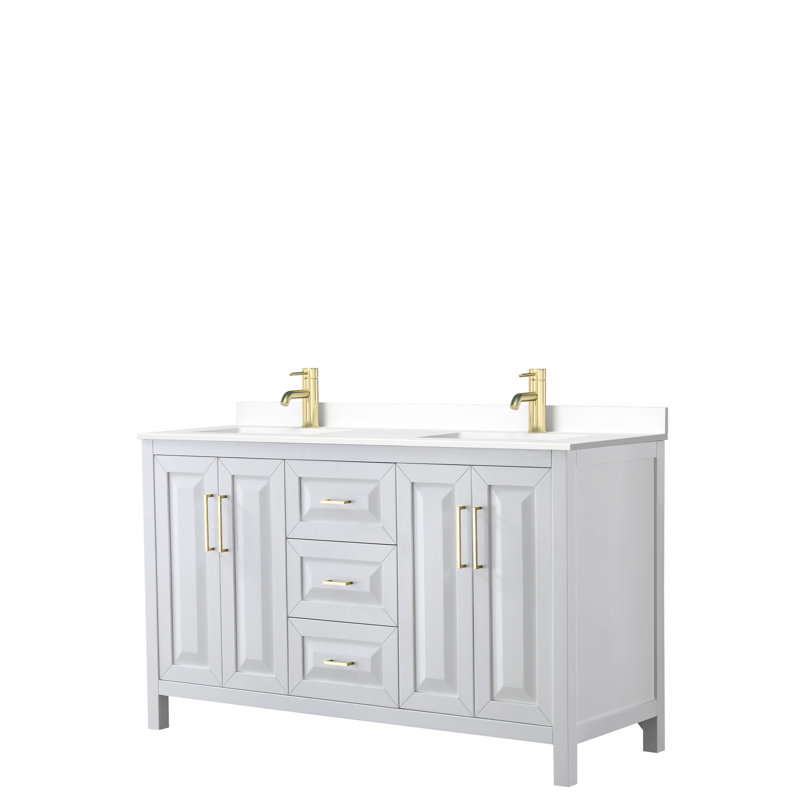 Daria 60'' W Double Vanity, White, White Cultured Marble, Brushed Gold