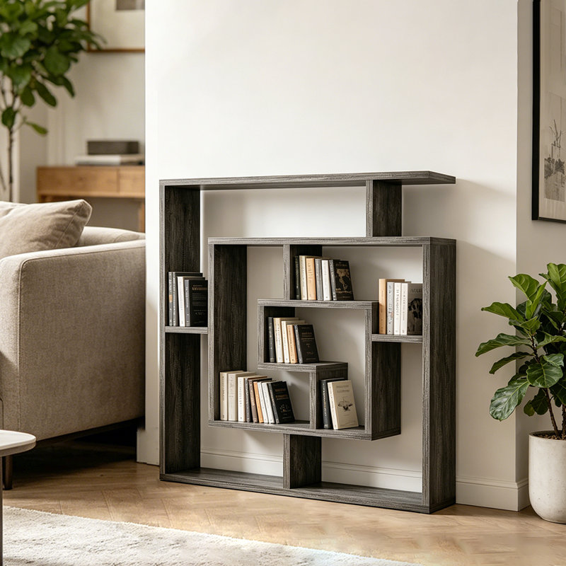 6 Tier Freestanding Geometric Bookcase, Wall Mounted Bookshelf, Floating Book Shelves For Bedroom Living Room, Gray