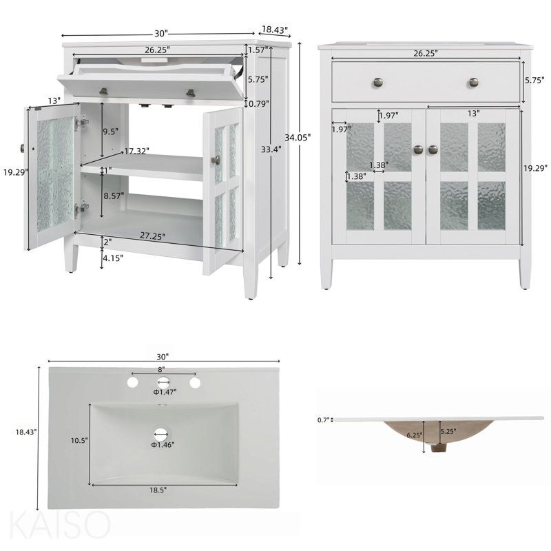 Meuble-lavabo de 30 po avec lavabo en céramique, tablette réglable et plateau basculant, meuble-lavabo avec pieds en bois massif, poignées en métal argenté et charnières à fermeture douce, blanc