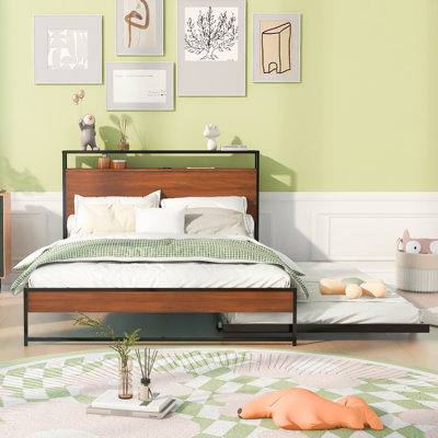 Black Metal Platform Bed Frame Containing Trundle, Ports, And Slat Support. Full Size. Robust No Box Spring Needed For Bedroom Space Decoration Design Home
