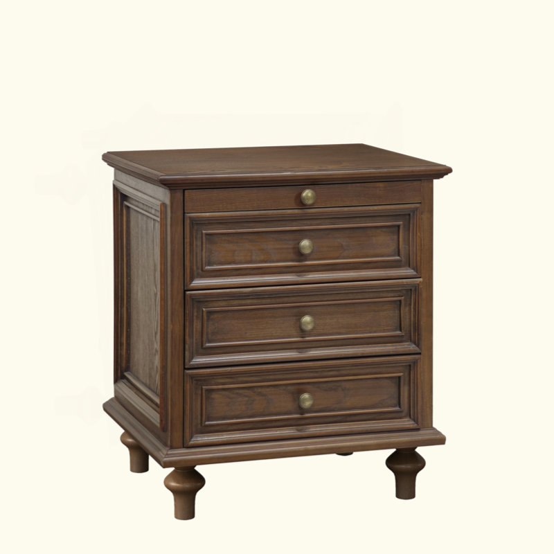 Farmhouse Nightstands with 4 Drawer, Wood Storage End Table with Hidden Pull-Out Shelf, Large Side Table with 4 Solid Wood Feet and Metal Handle, Easy Assembly, Light Brown