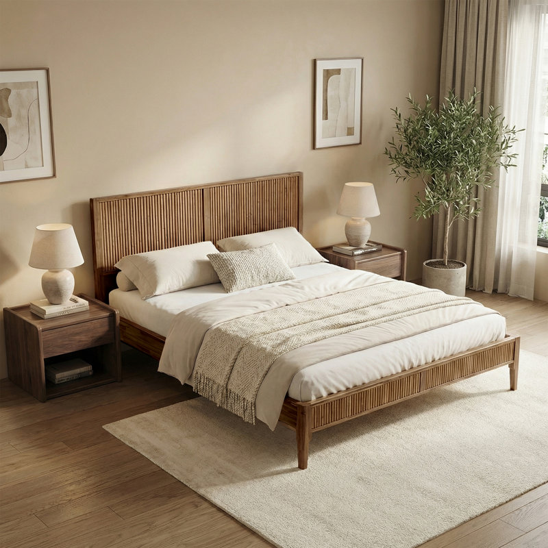 Acacia Solid Wood Bed Frame, Mid Century Modern With Fluted Pattern Platform Bed, Center Supports Included, Noise Free & Easy Assembly, King/queen Size