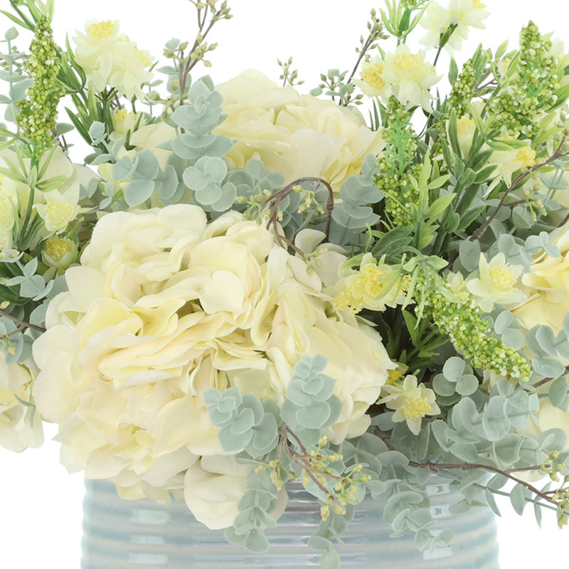 Spring Centerpiece with Hydrangeas, Eucalyptus and Heather
