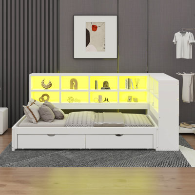 Wooden Daybed With Pull-Out Trundle, 12-Storage Cabinet, 2 Large Drawers, LED Lights & USB Ports