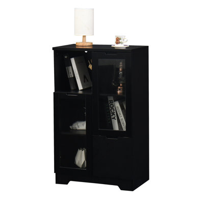 Armoire polyvalente peinte en MDF noir avec portes en verre, tiroir et rangement ouvert - pour la chambre à coucher et le salon