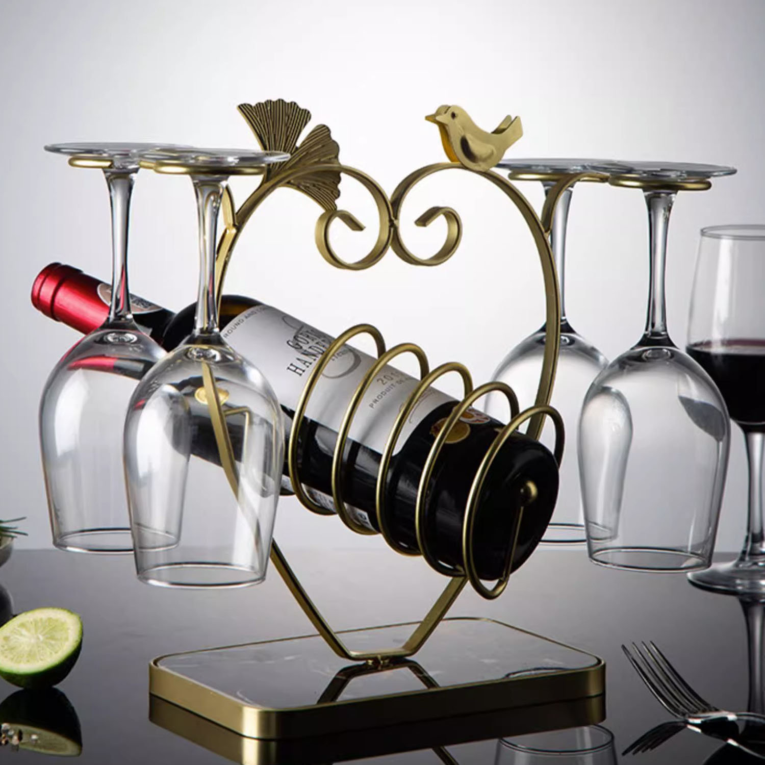 Mercer41 Quarterrio Tabletop Wine Bottle & Glass Rack in Gold | Wayfair