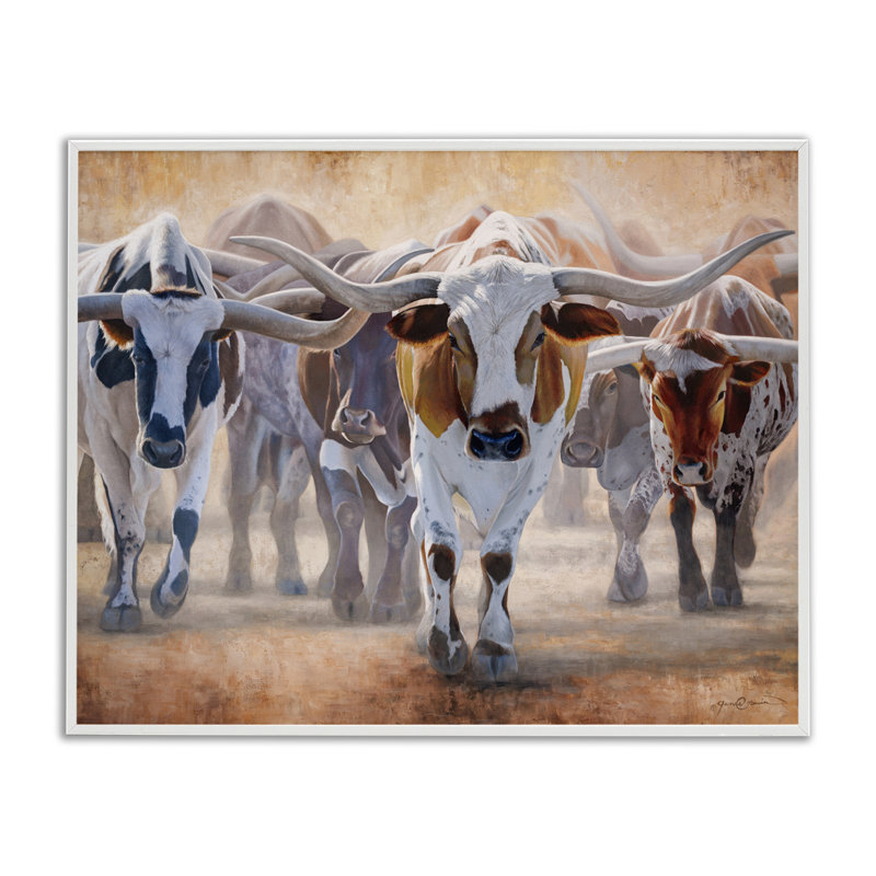 Giclée encadrée «Trots Longhorn» par James Corwin, H 11 po x l 14 po, Estampe numérique encadrée blanc bord de mer