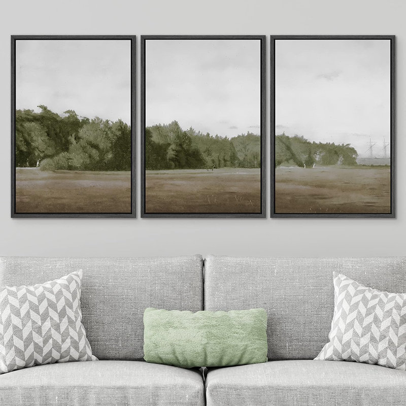 Ciel nuageux au-dessus de la forêt verte, illustrations de la nature sauvage - ensemble de 3 reproductions de cadres flottants