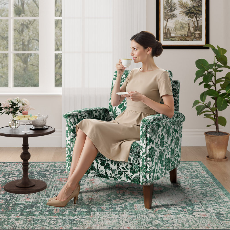 29" Wide Floral Upholstered Armchair With Solid Wood Legs, Traditional Accent Chair, Green
