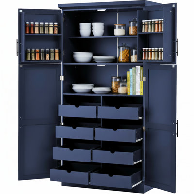 Four-door Tall Cabinet With Double-layer Shelves, Eight Pull-out Trays, And Adjustable Shelves 70.9-inch Tall Freestanding Kitchen Storage Cabinet