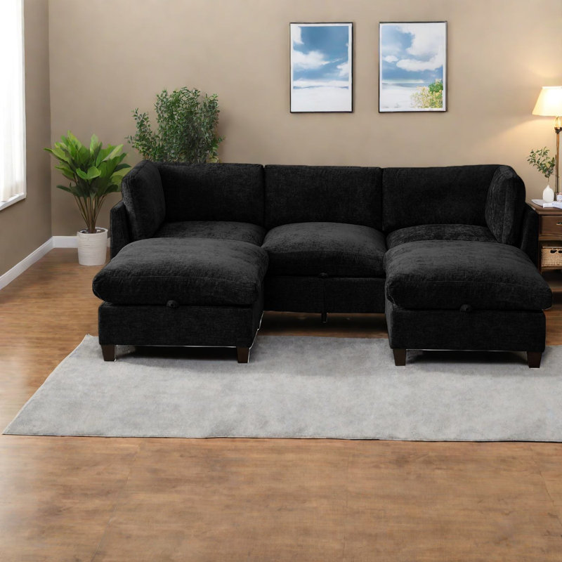 Canapé modulaire moderne en U à 3 places en chenille noire avec rangement de 96,5 pouces Modern