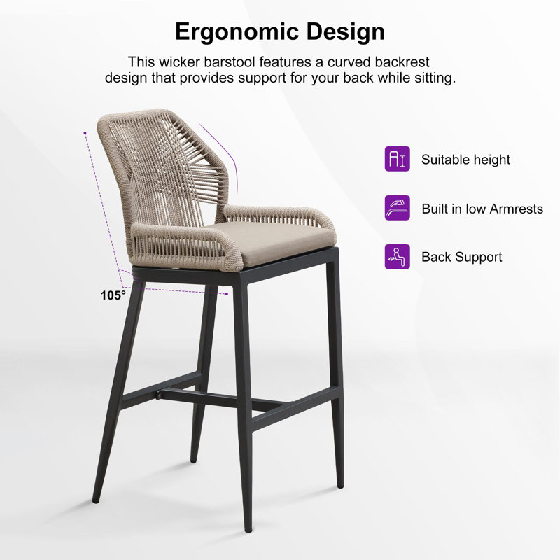 Dark Grey Twill Cushioned Outdoor Bar Stools with Rope Weaving