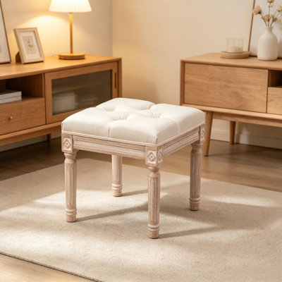 Pouf capitonné avec pieds sculptés, tabouret de coiffeuse rembourré, lin beige, bois d'hévéa, 40 x 40 x 43 cm, 1 pièce, banc d'appoint
