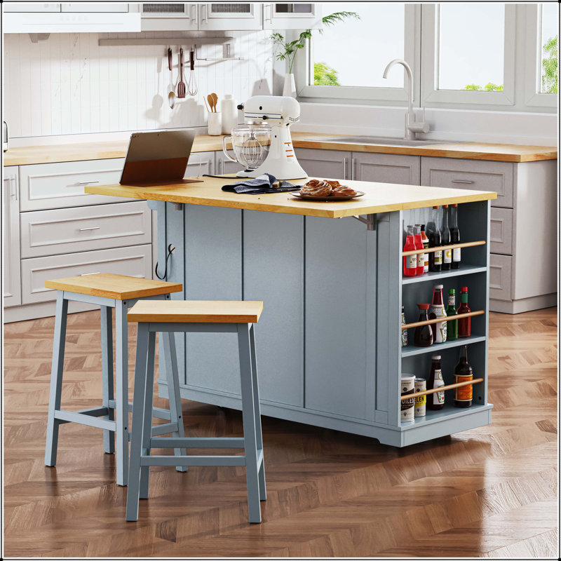 53" Large Kitchen Island with 2 Bar Stools, Power Outlet, and Internal Door Racks – Grey Blue, Grey-Blue
