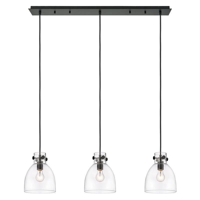 Luminaire suspendu en forme de cloche à 3 lumières Amrith, Transparent, Noir mat