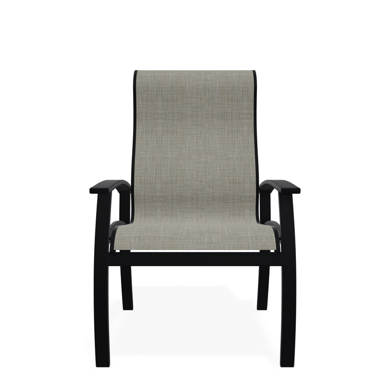 Belle Isle Sling Aluminum Frame Dining Height Supreme Arm Chair with Marine Grade Polymer Arm Accent, Black, Ella