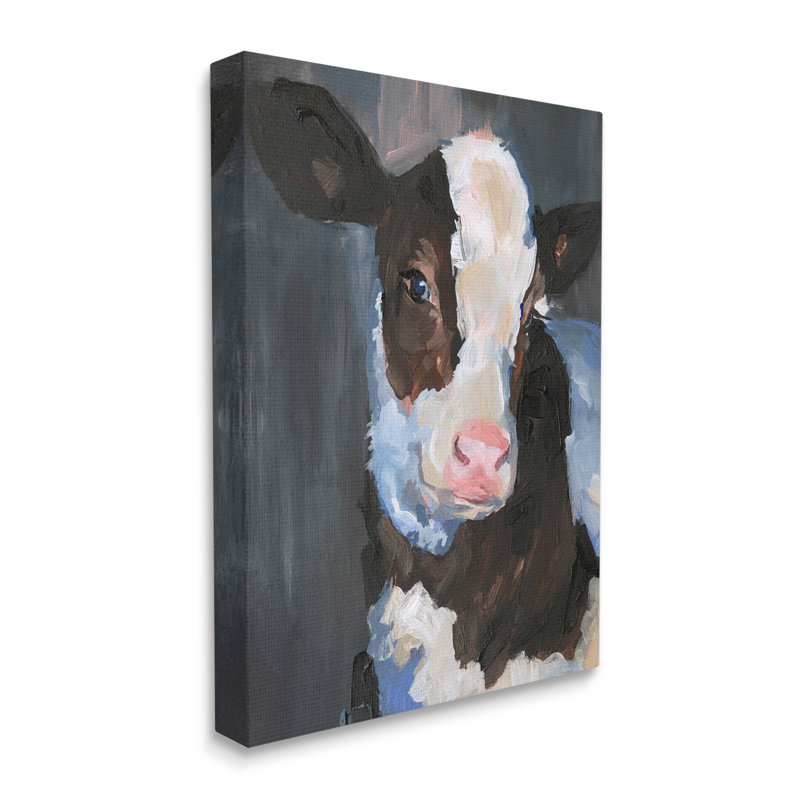 Smiley posant une vache dans une ferme de bovins, peinture d'animaux, H 16 po x l 20 po, Toile tendue