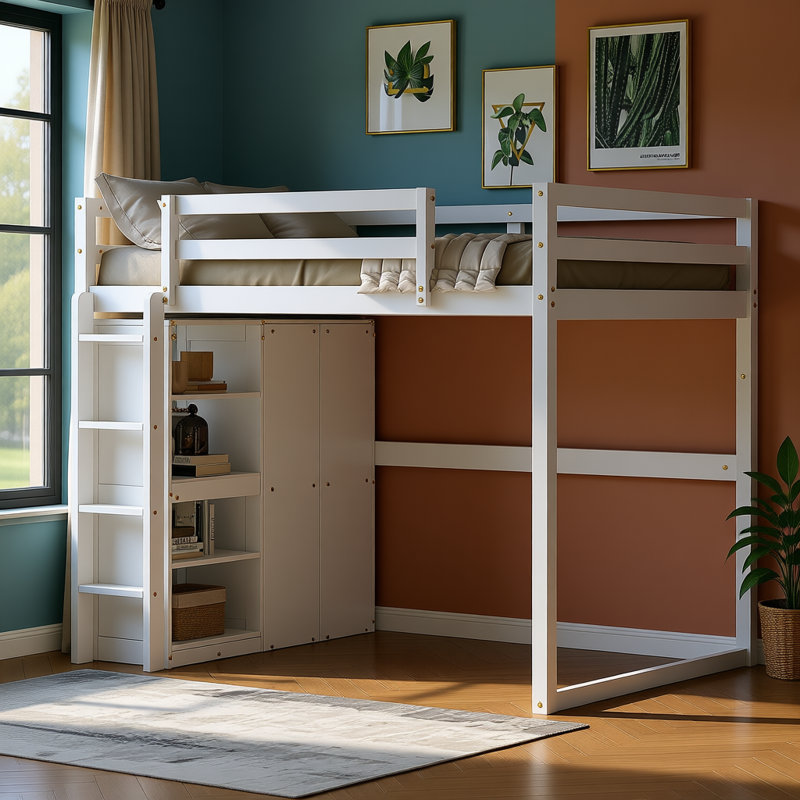 Lit mezzanine en bois pleine grandeur avec garde-robe intégrée, tablettes de rangement à 4 niveaux et éclairage DEL | Structure solide, garde-corps et conception compacte