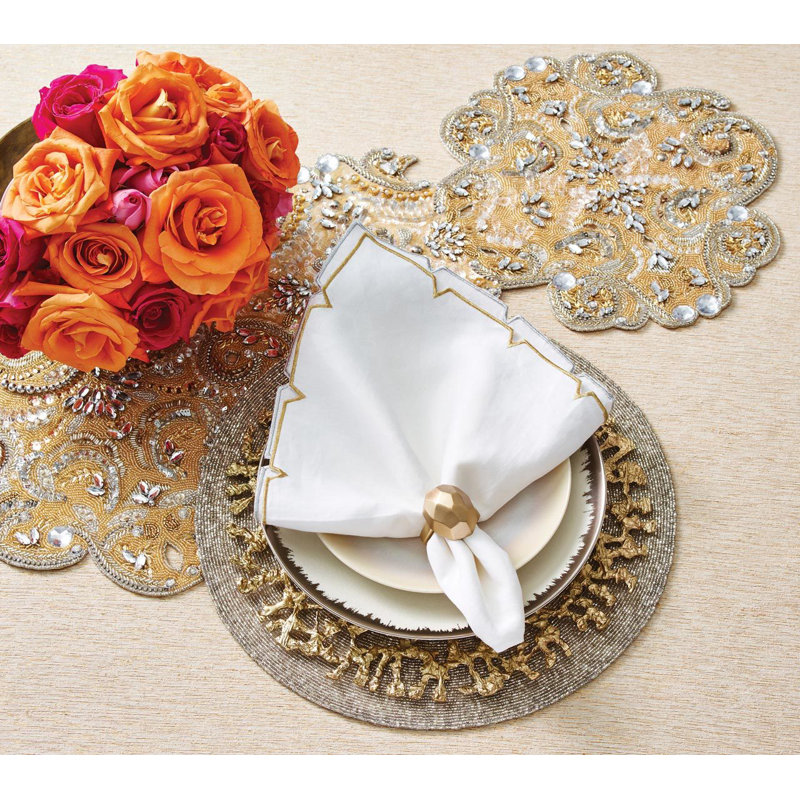 Divot Linen Napkin, White/Gold