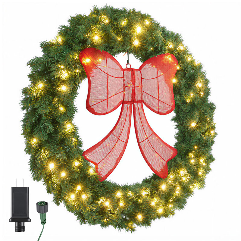 Couronne de Noël à DEL avec grand nœud rouge, 30 po