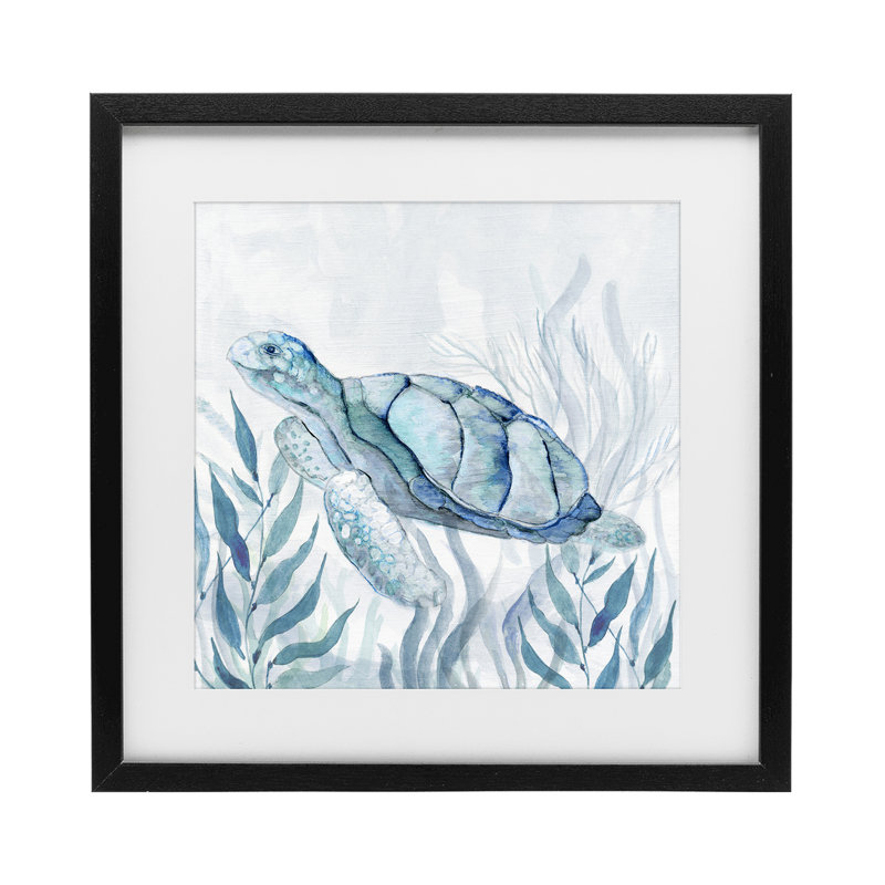 Tortue de mer avec sourire subtil, reproduction encadrée sous verre, design par Janet Tava, H 13 po x l 13 po