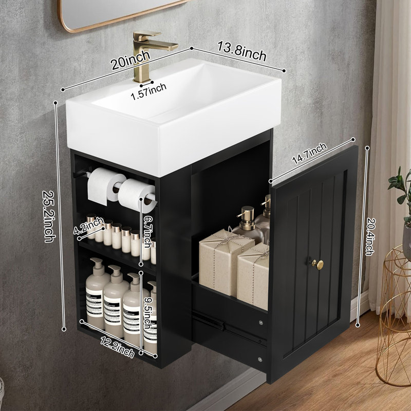Meuble-lavabo de 20 po avec lavabo en céramique, Noir