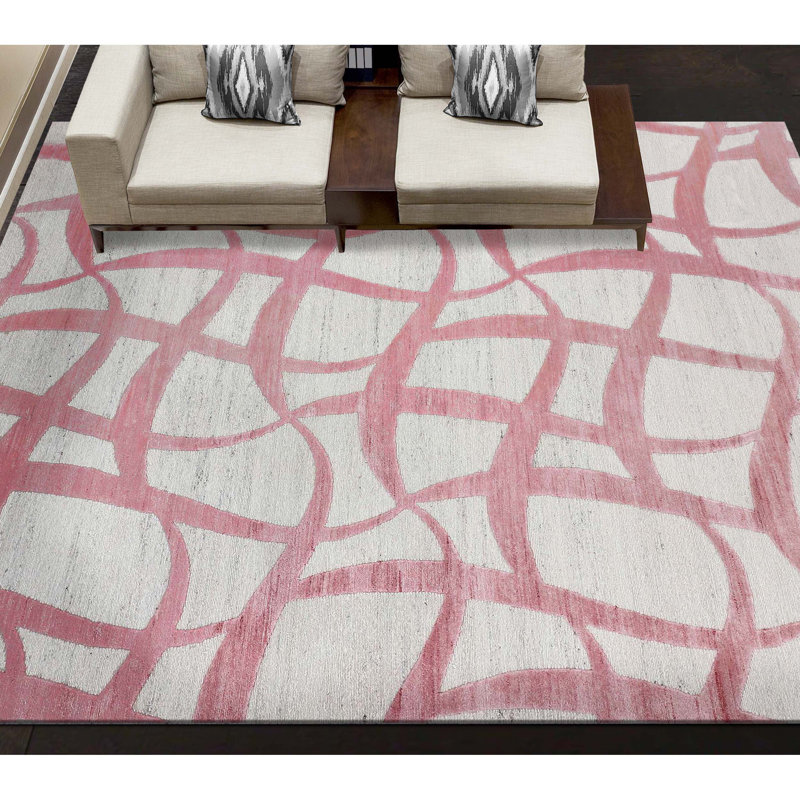 Tapis rectangulaire en laine / viscose noué à la main rose / ivoire, Rectangle 9 pi x 12 pi