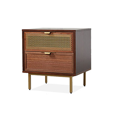 Modern Wooden Bedside Table With Double Drawers, Featuring A Breathable Woven Panel, Suitable For The Bedroom.