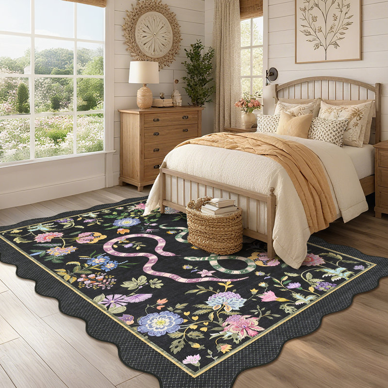 Tapis festonné moderne antidérapant Farmhouse Floral, Rectangle 8' x 10'
