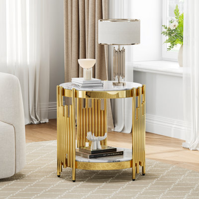 2-Piece Coffee Table Set, 1 Coffee Table & 1 End Table, White Marble Glass Top, Round Tube Stainless Steel Frame