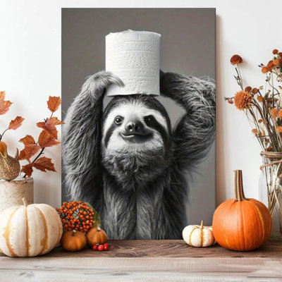 1 piece framed wall art canvas painting of a sloth, toilet paper, black and white realistic style. Decorative printed vintage wall poster home decor, modern artwork perfect gift for bedroom and living room. Ready to hang, 1 inch thick.