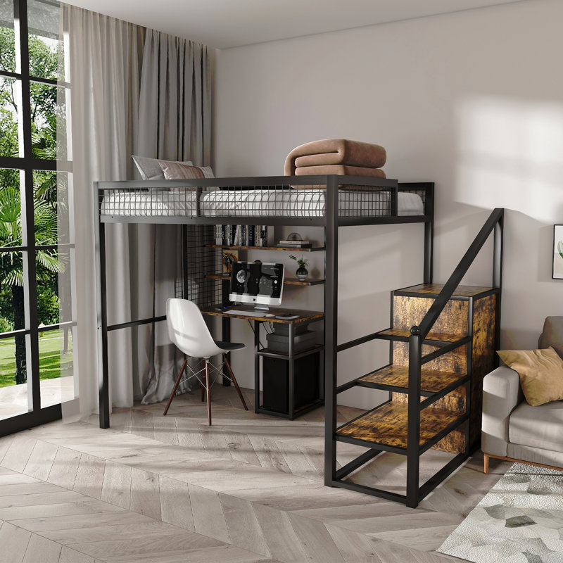Lit mezzanine double avec bureau et garde-robe - Structure en métal lourd, escalier intégré, support de rangement et tablettes - Lit de jeu pour adultes / adolescents - Bureau d'ordinateur avec prise USB et prise de courant