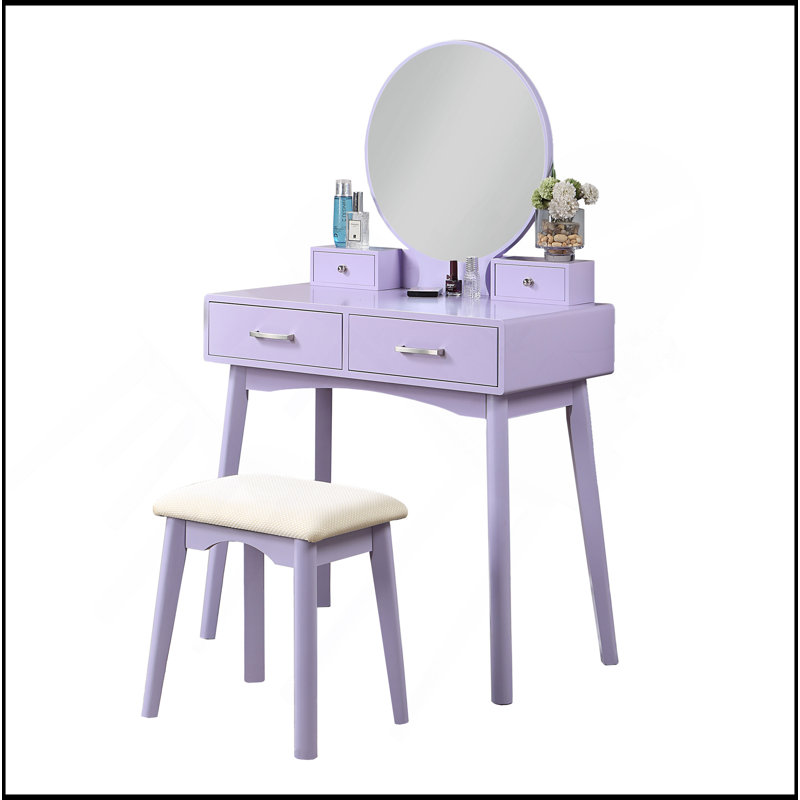 Ensemble de coiffeuse et tabouret en bois, Mauve