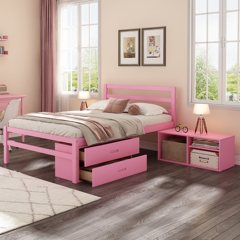 Size Wood Platform Bed With Removable Storage Shelves, Built-In Two Storage Drawers For Added Convenience,, Pink, Full