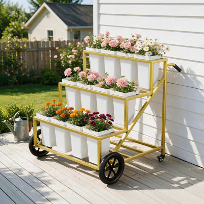 Chariot à fleurs avec 12 seaux et roues, présentoir à fleurs doré robuste à 3 niveaux avec grandes roues pour une mobilité facile, pour fleuristes et organisateurs d'événements