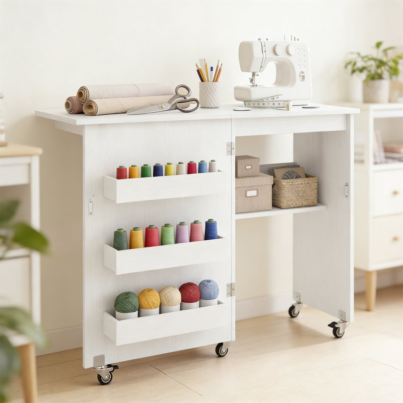 59cm x 40cm Foldable Sewing Table with Wheels, White