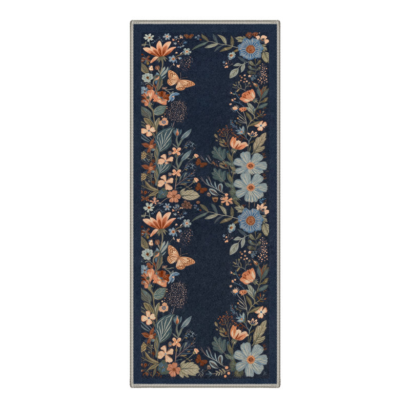 Aazad Florette Floral Machine Washable Grey / Green / Blue Indoor Area Rug with Non-Slip Backing, Runner 2' x 7'