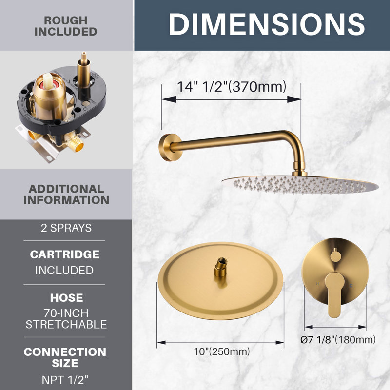 9 jets avec 1,8 gallon par minute 10 po Système de douche mural avec deux pommes de douche en chrome poli, Doré