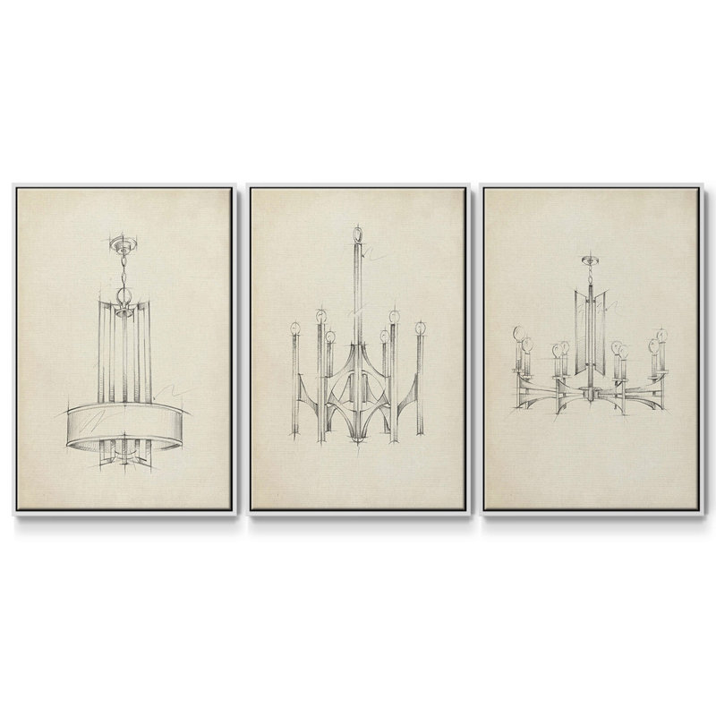 Ensemble de 3 pièces Mid-Century Chandelier I encadré sur toile, Blanc, H 40 po x l 78 po