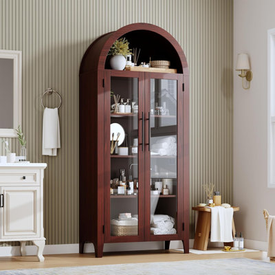 Arched Kitchen Pantry Storage Cabinet - Farmhouse 5-Tier Display Shelf with 2 Large Glass Doors and Adjustable Shelf