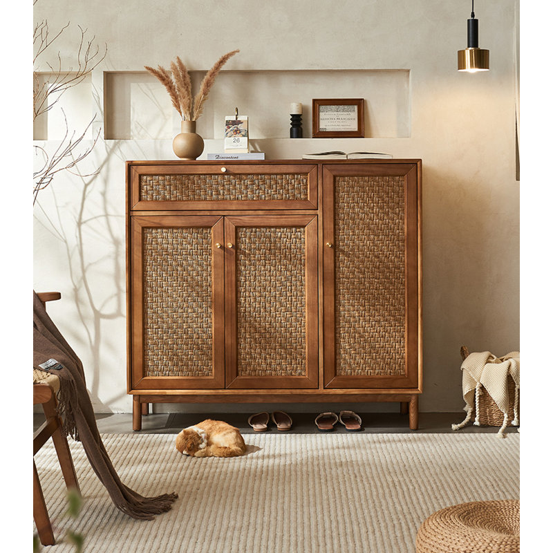 Solid Wood Rope-Woven Storage Shoe Cabinet