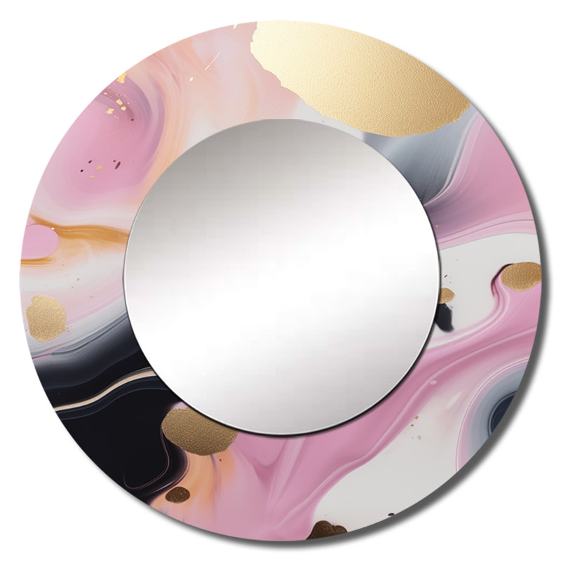 Plume rose et or marbre symphonie II - miroir décoratif en marbre, miroir mural rond rose, impression d'art en métal